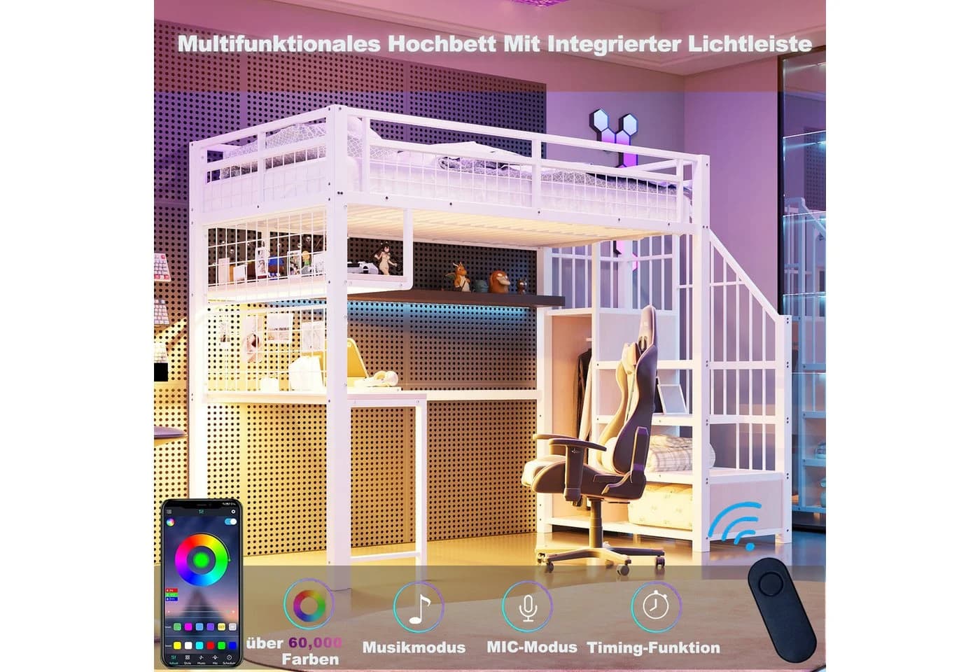 Merax Hochbett 90×200 cm mit LED-Licht & Steckdosen - Bild 4