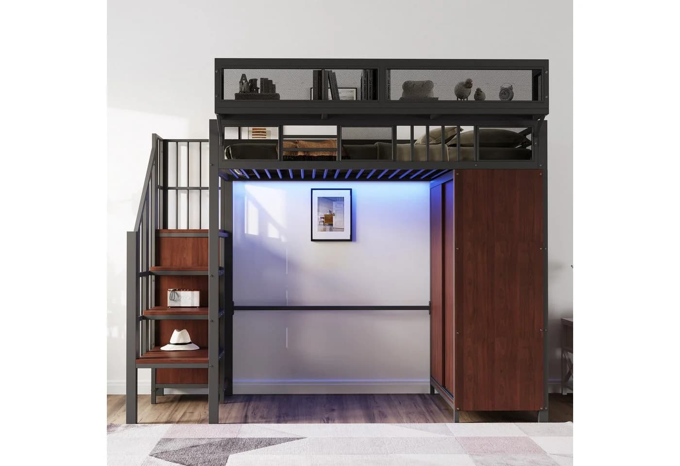 Merax Hochbett 90x200 mit LED, Kleiderschrank & Stauraumtreppe Schwarz/Weiß