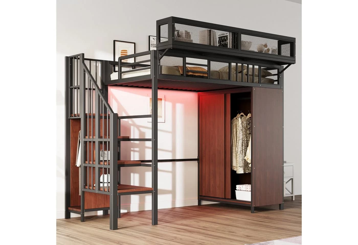 Merax Hochbett 90x200 mit LED, Kleiderschrank & Stauraumtreppe Schwarz/Weiß - Bild 2
