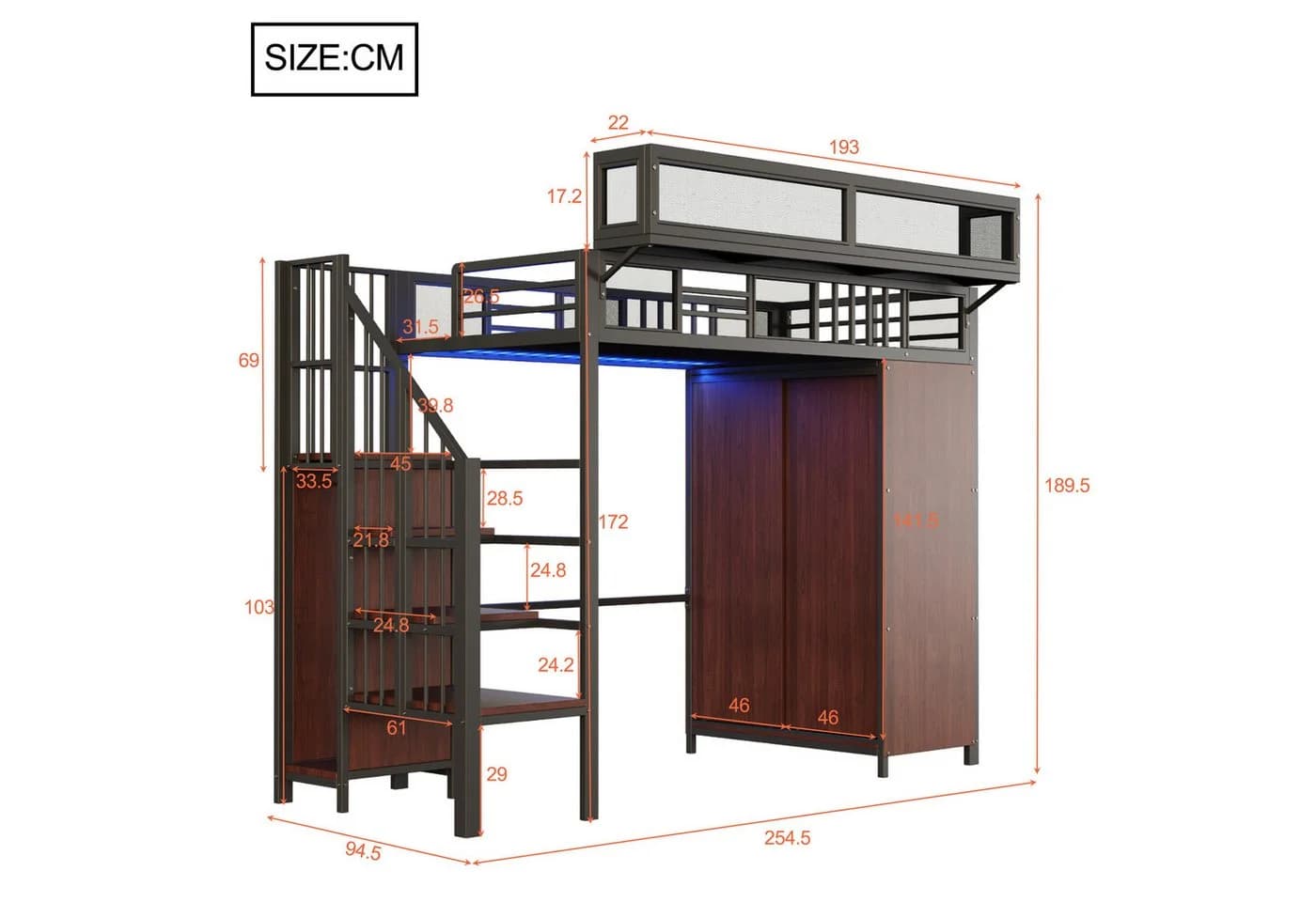 Merax Hochbett 90x200 mit LED, Kleiderschrank & Stauraumtreppe Schwarz/Weiß - Bild 5