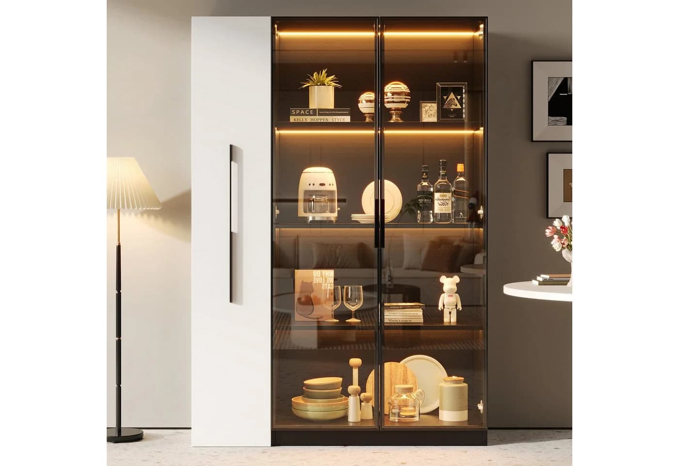Merax Multifunktionsschrank 2-in-1 LED-Vitrine mit Glastür & Rollregal