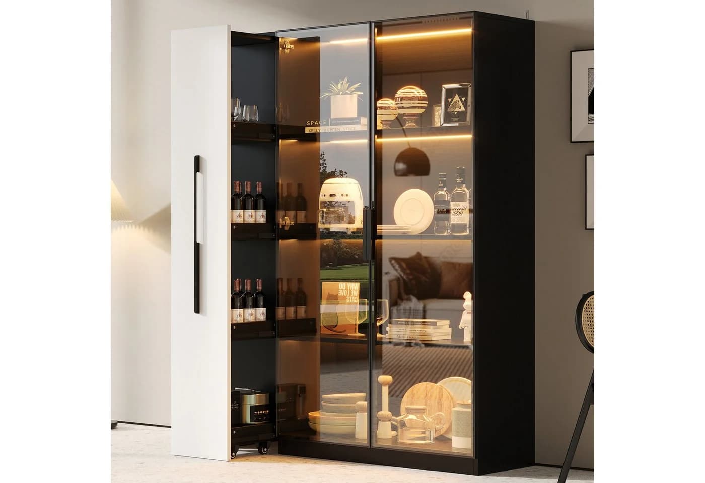 Merax Multifunktionsschrank 2-in-1 LED-Vitrine mit Glastür & Rollregal - Bild 2