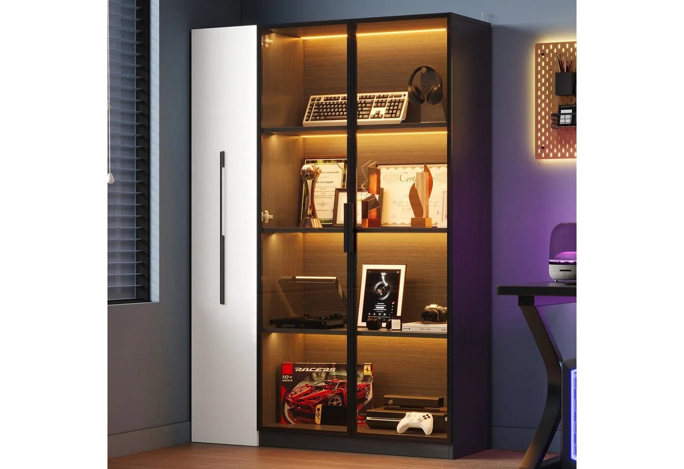 Merax Multifunktionsschrank 2-in-1 LED-Vitrine mit Glastür & Rollregal - Bild 3