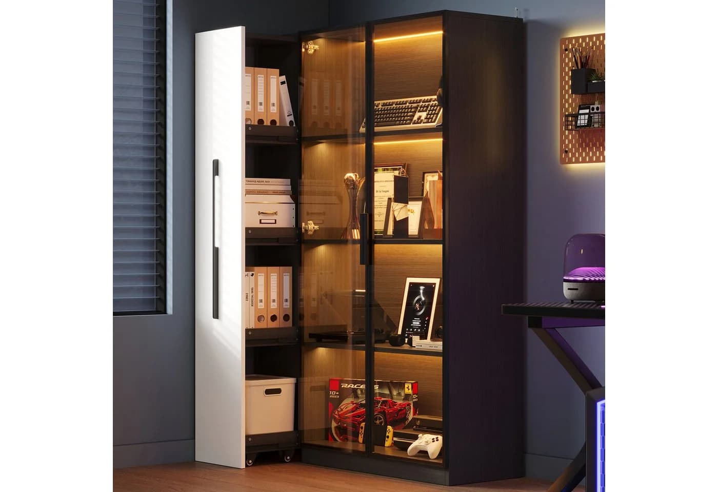 Merax Multifunktionsschrank 2-in-1 LED-Vitrine mit Glastür & Rollregal - Bild 4