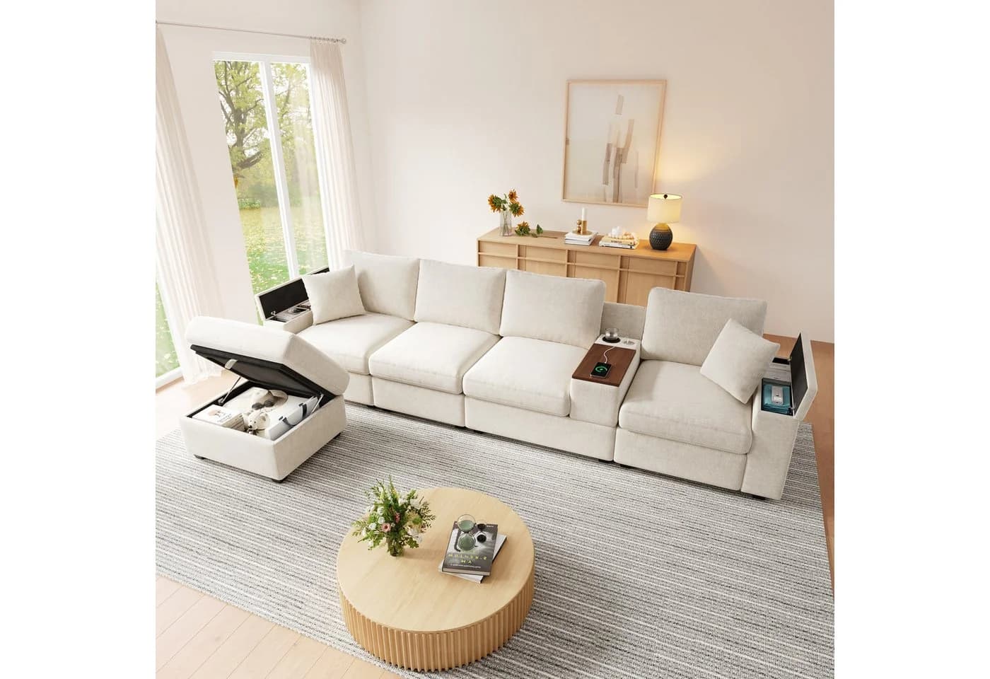 Merax Ecksofa Modulares L-Sofa mit USB, Type-C & Drehbarem Tisch