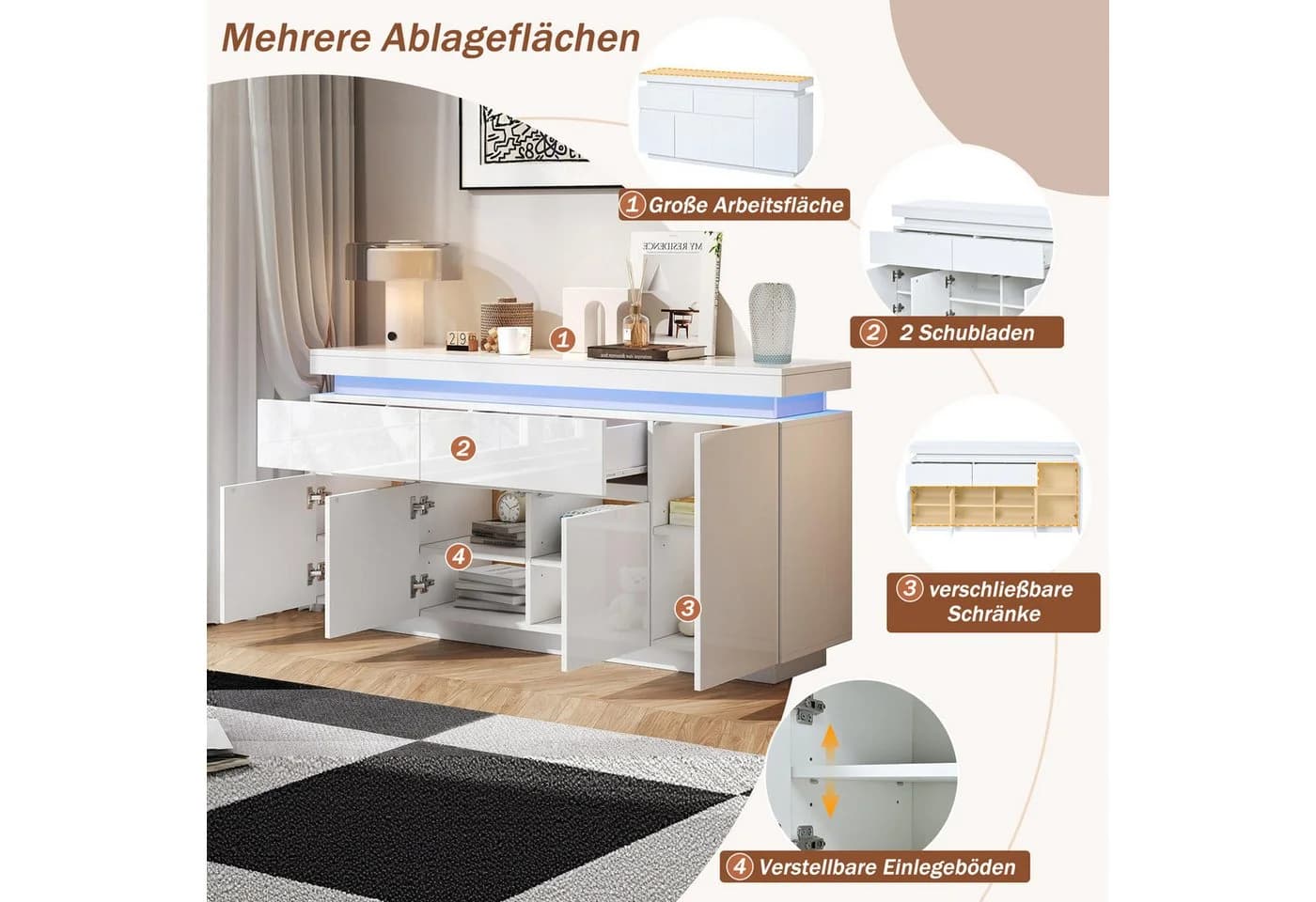 Merax Sideboard Hochglanz Weiß LED-Beleuchtung - Bild 4