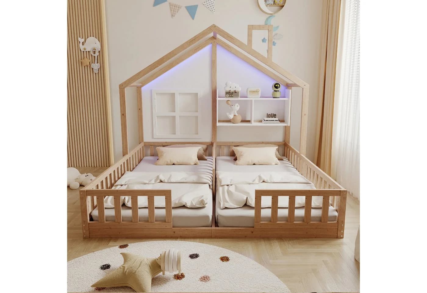 Merax Kinderbett 90x200cm LED-Licht Hausdesign Doppelbett Sicherheitsgeländer