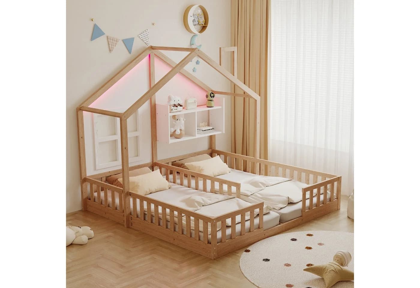 Merax Kinderbett 90x200cm LED-Licht Hausdesign Doppelbett Sicherheitsgeländer - Bild 2