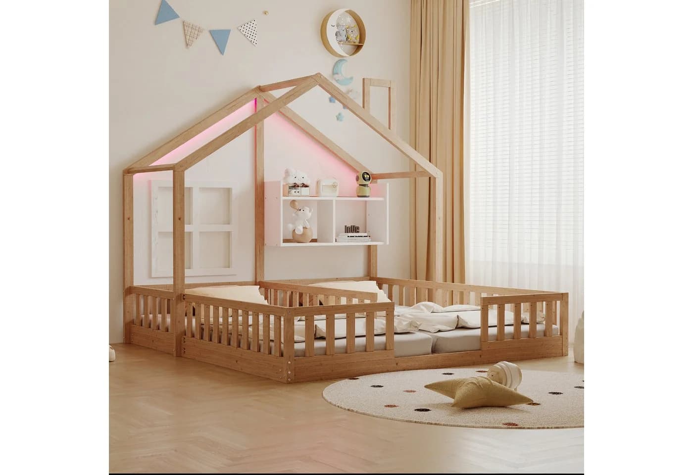 Merax Kinderbett 90x200cm LED-Licht Hausdesign Doppelbett Sicherheitsgeländer - Bild 4