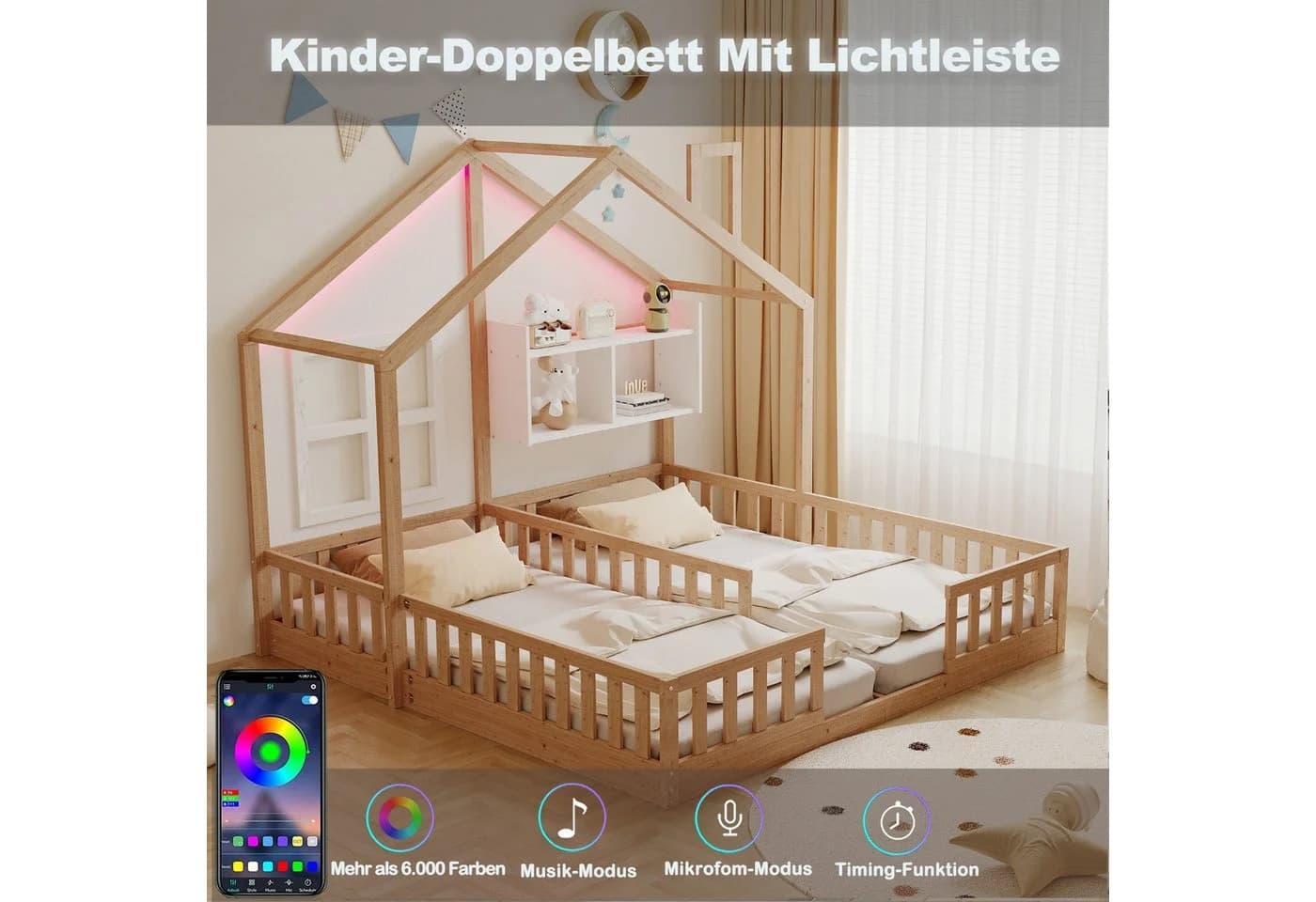 Merax Kinderbett 90x200cm LED-Licht Hausdesign Doppelbett Sicherheitsgeländer - Bild 5