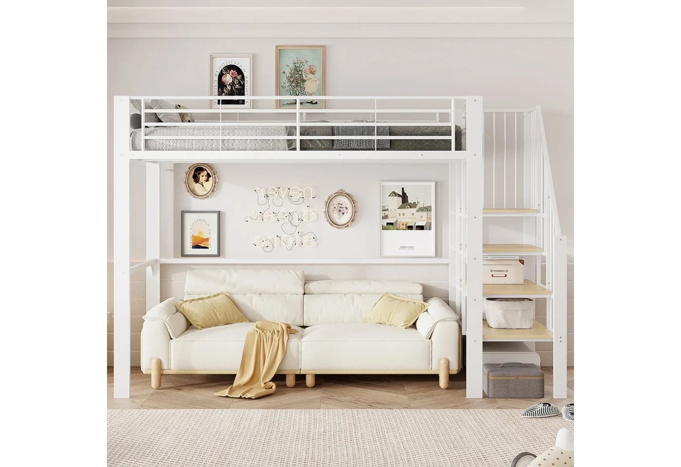 Merax Hochbett 90x200cm Metallbett mit Treppe und großem Stauraum