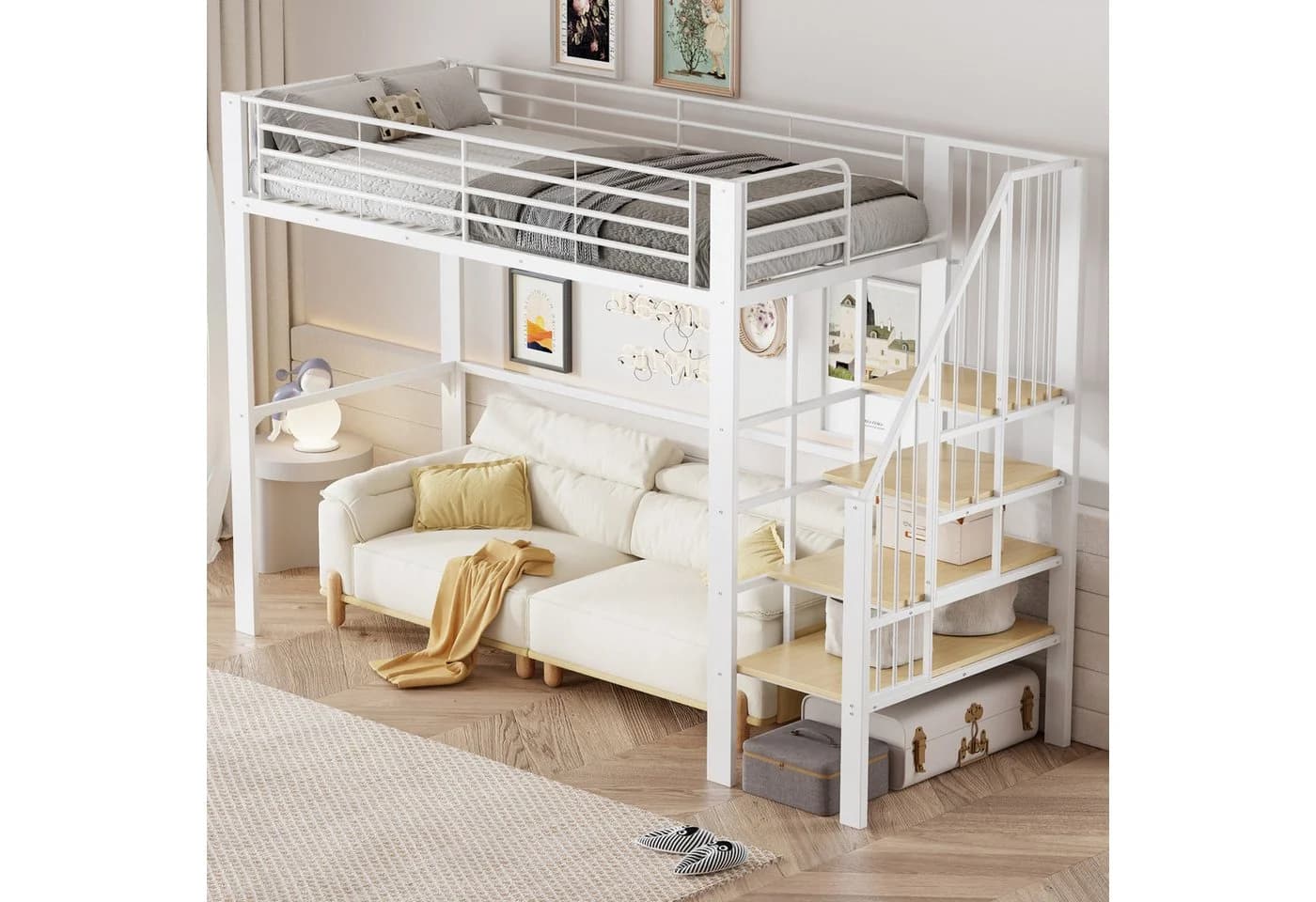 Merax Hochbett 90x200cm Metallbett mit Treppe und großem Stauraum - Bild 3