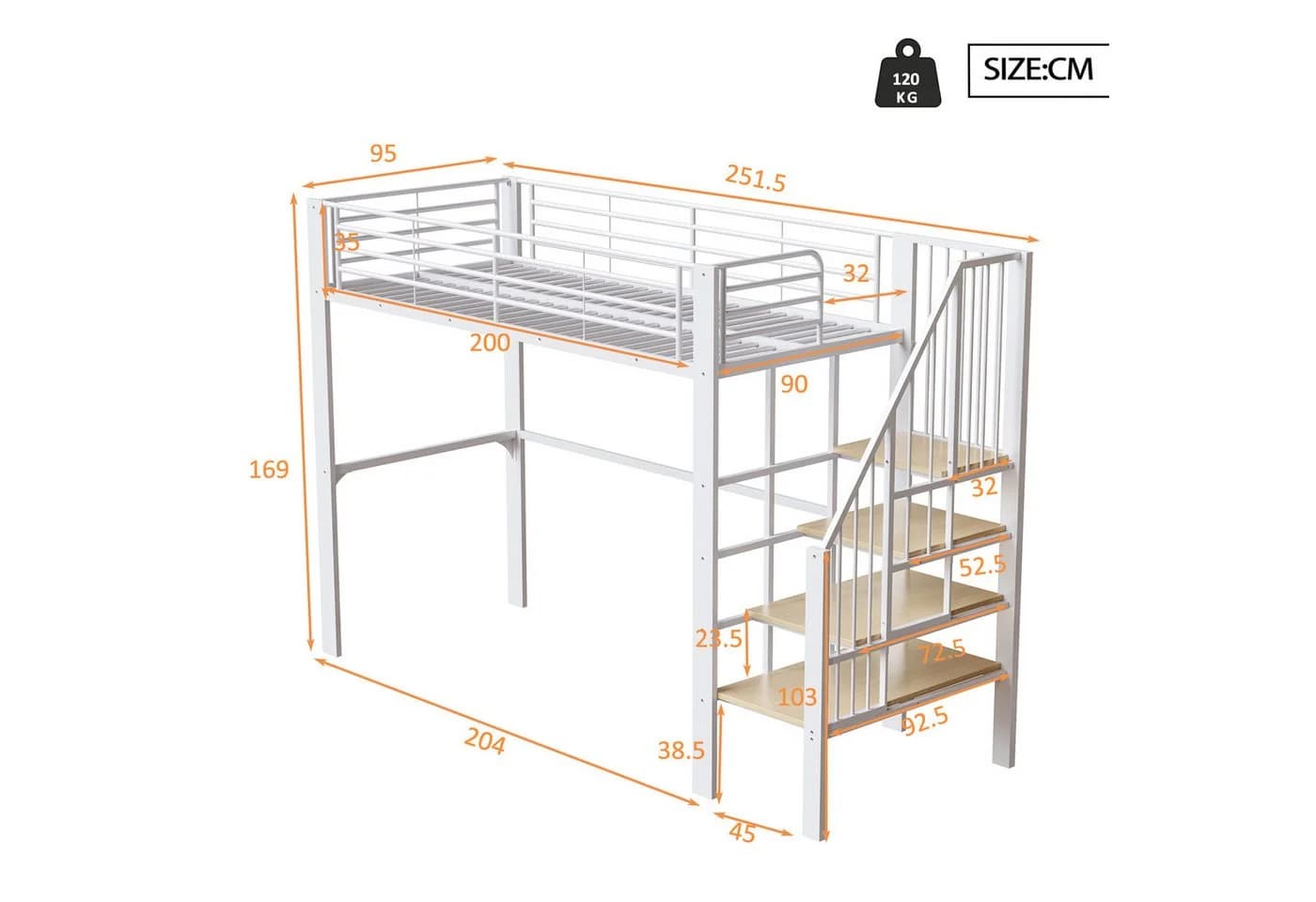 Merax Hochbett 90x200cm Metallbett mit Treppe und großem Stauraum - Bild 4