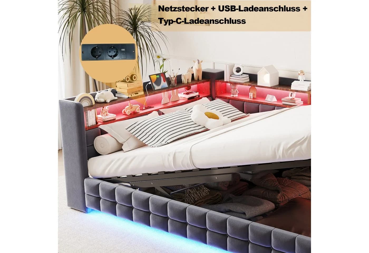 Merax Daybett mit LED-Beleuchtung und USB-Ladeanschlüssen Jugendbett Kinderbett Einzelbett Sofabett aus Samtstoff - Bild 5