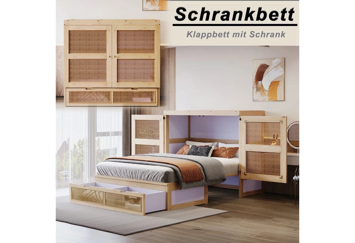Merax Schrankbett 140x200cm Rattanfront - Bild 4