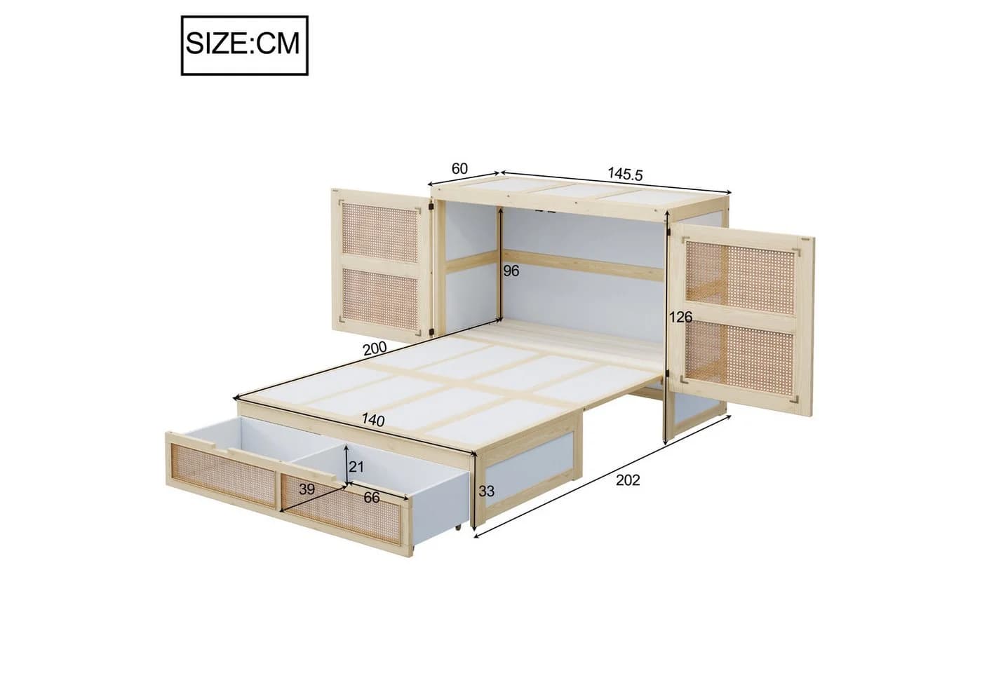 Merax Schrankbett 140x200cm Rattanfront - Bild 5