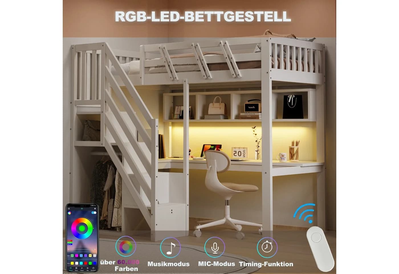 Merax Hochbett mit LED-Beleuchtung und USB-Anschluss Kinderbett 90x200cm - Bild 4