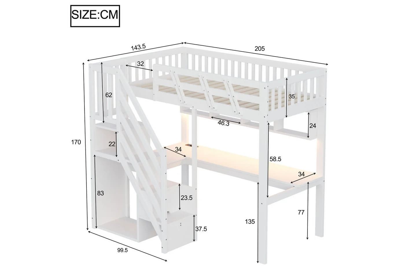 Merax Hochbett mit LED-Beleuchtung und USB-Anschluss Kinderbett 90x200cm - Bild 5