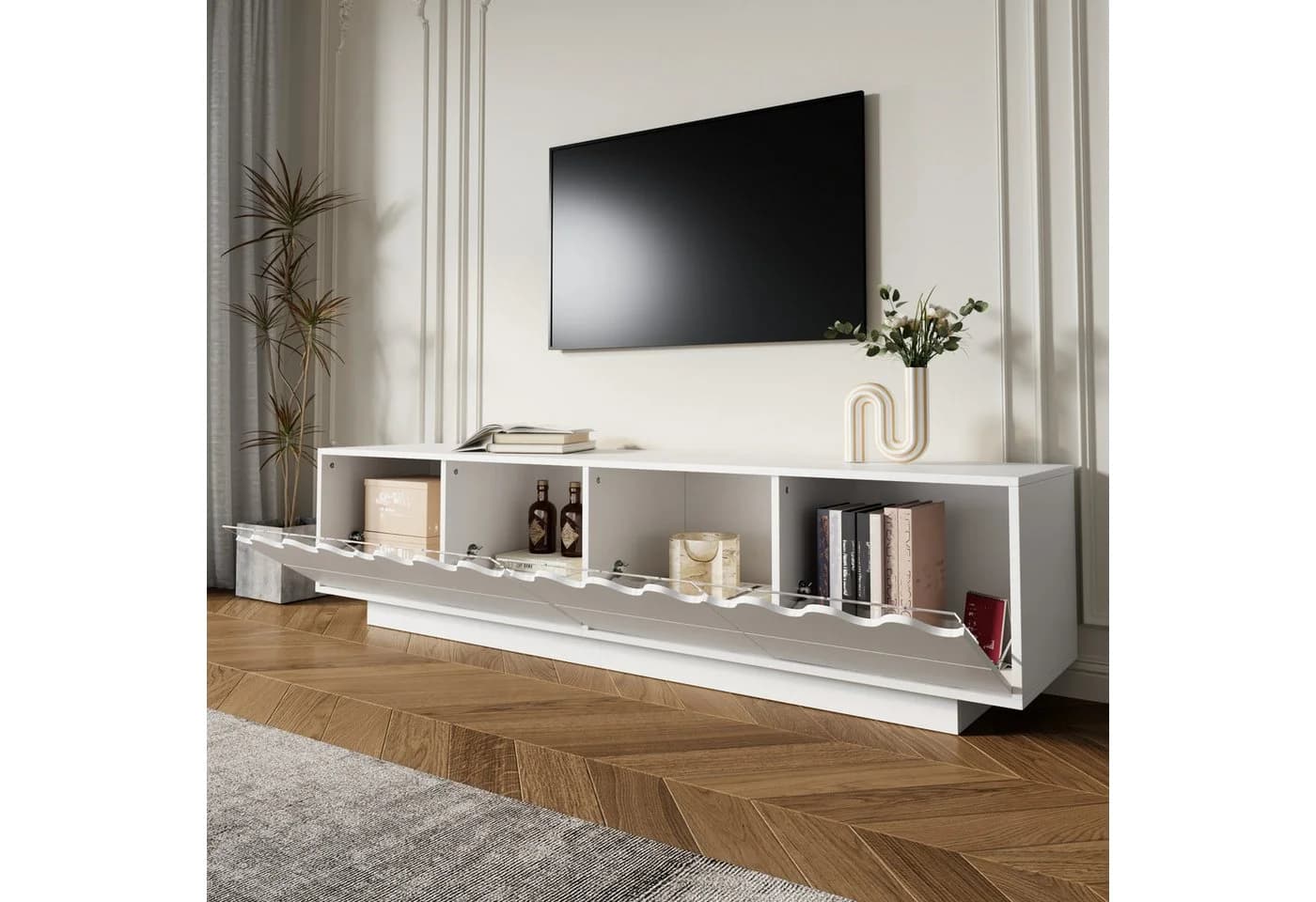 Merax Lowboard TV-Schrank Weiß Wellen-Design 4 Türen Glasregale