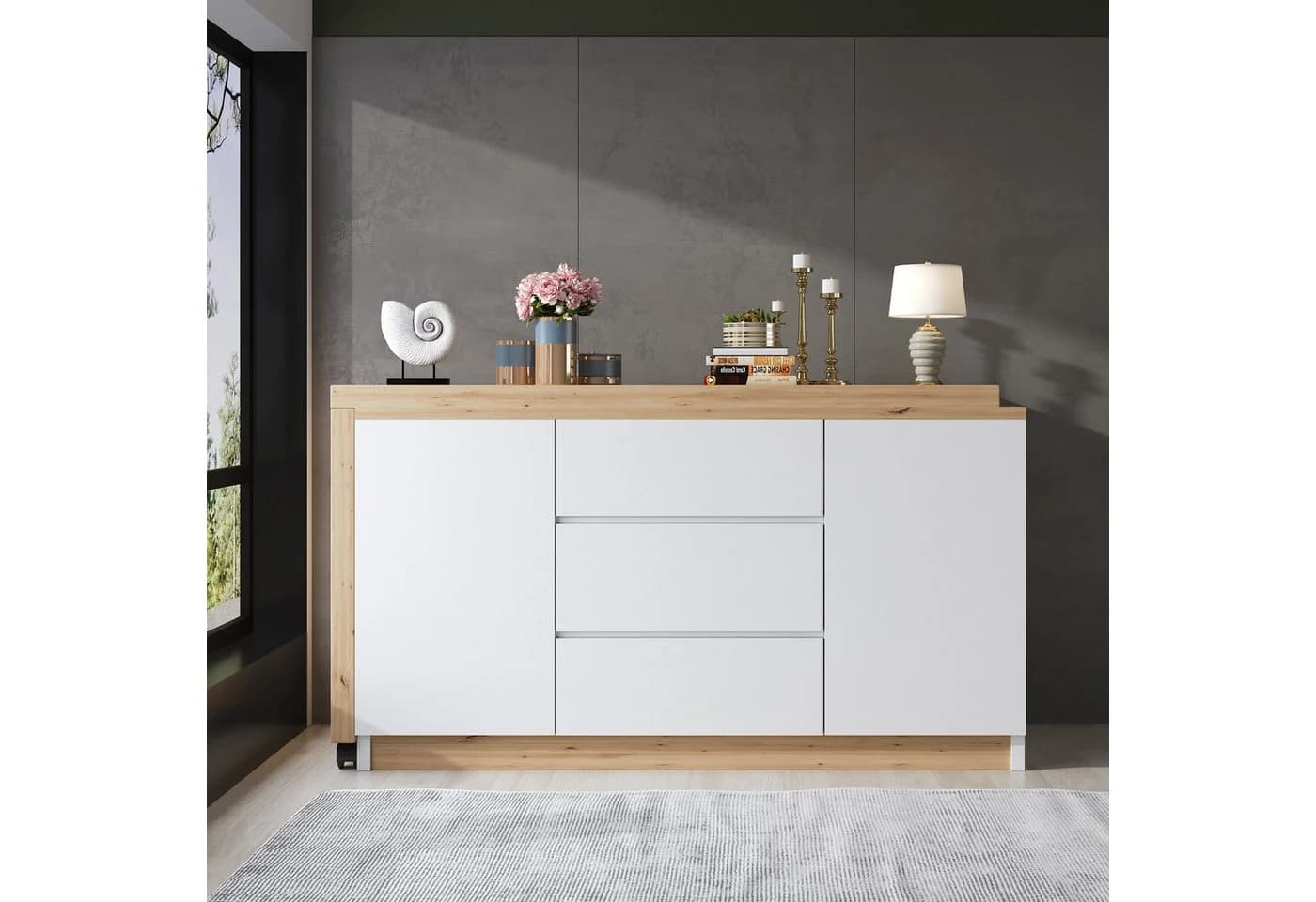 Merax Schreibtisch 2-in-1 Sideboard & Arbeitstisch, 360° drehbarer Tischplatte, Weiß/Eiche