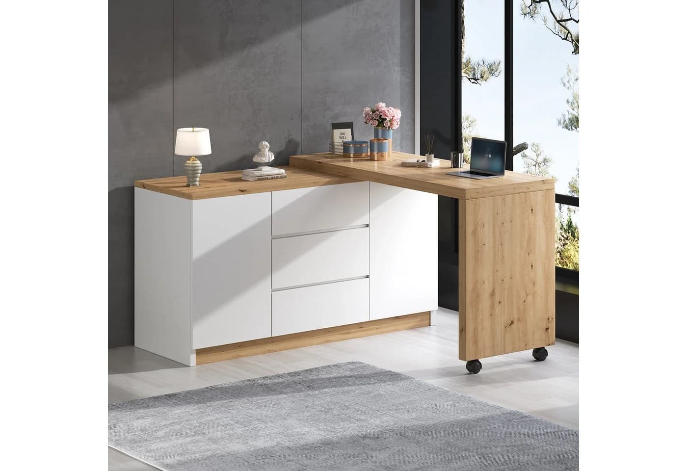 Merax Schreibtisch 2-in-1 Sideboard & Arbeitstisch, 360° drehbarer Tischplatte, Weiß/Eiche - Bild 2