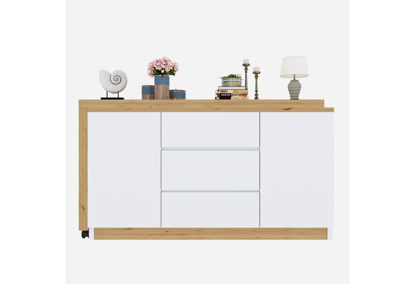 Merax Schreibtisch 2-in-1 Sideboard & Arbeitstisch, 360° drehbarer Tischplatte, Weiß/Eiche - Bild 4