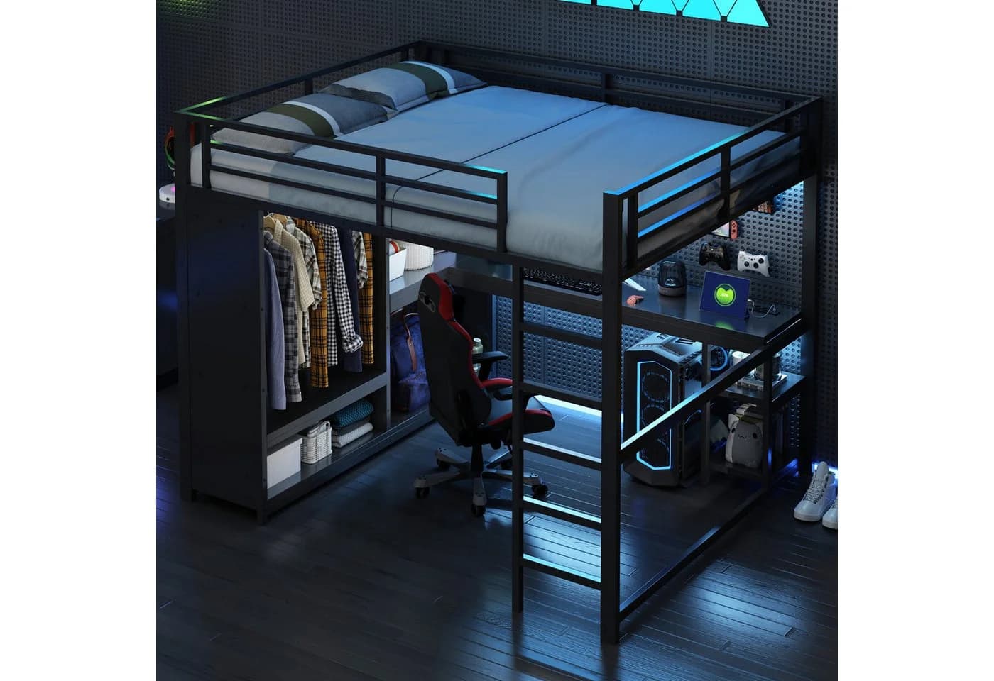 Merax Hochbett 160x200 mit LED-Beleuchtung und Schreibtisch Schwarz