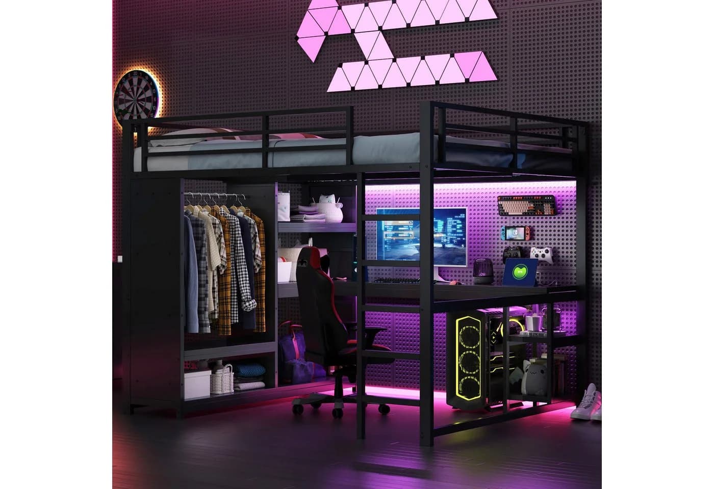 Merax Hochbett 160x200 mit LED-Beleuchtung und Schreibtisch Schwarz - Bild 2