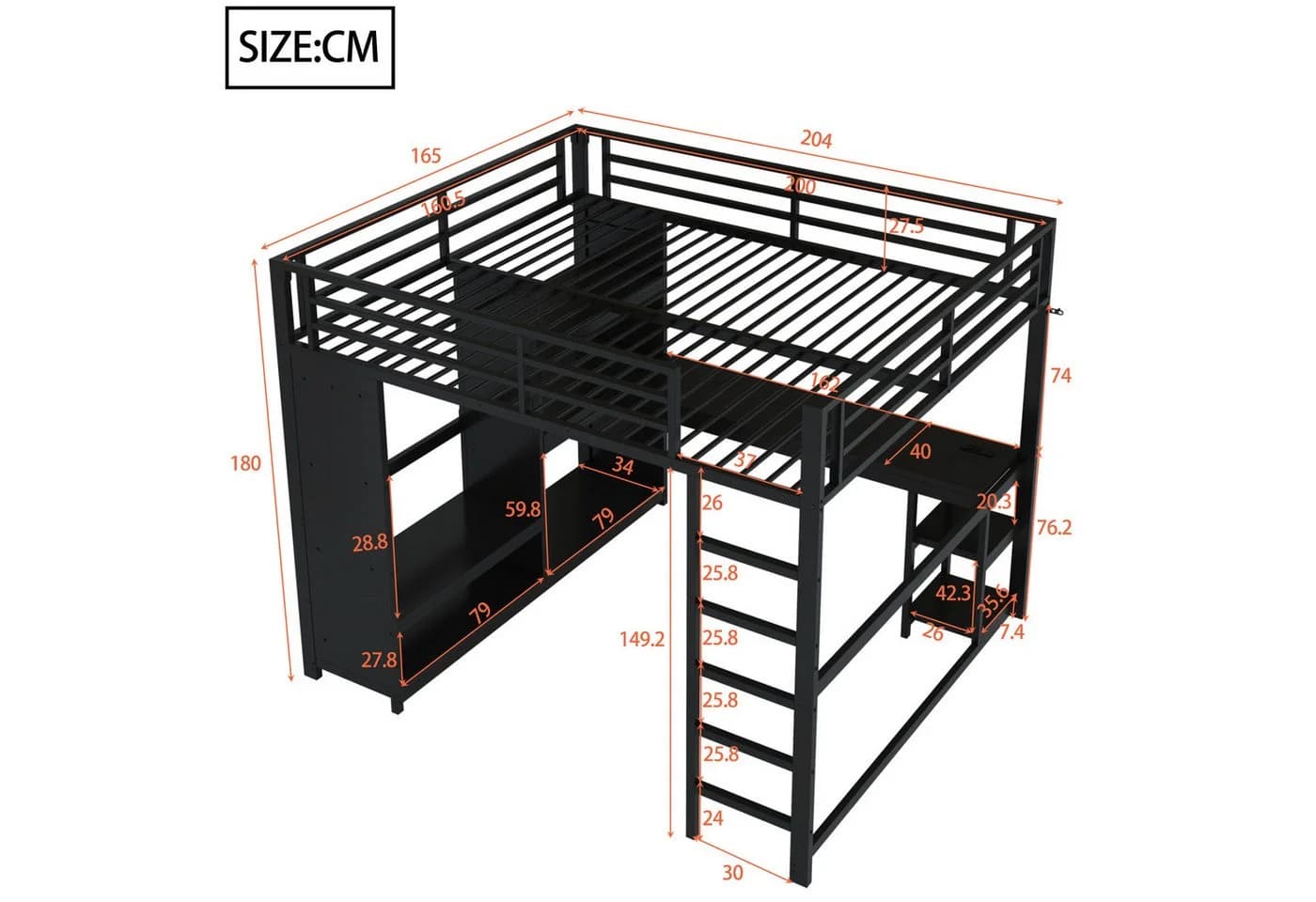 Merax Hochbett 160x200 mit LED-Beleuchtung und Schreibtisch Schwarz - Bild 4