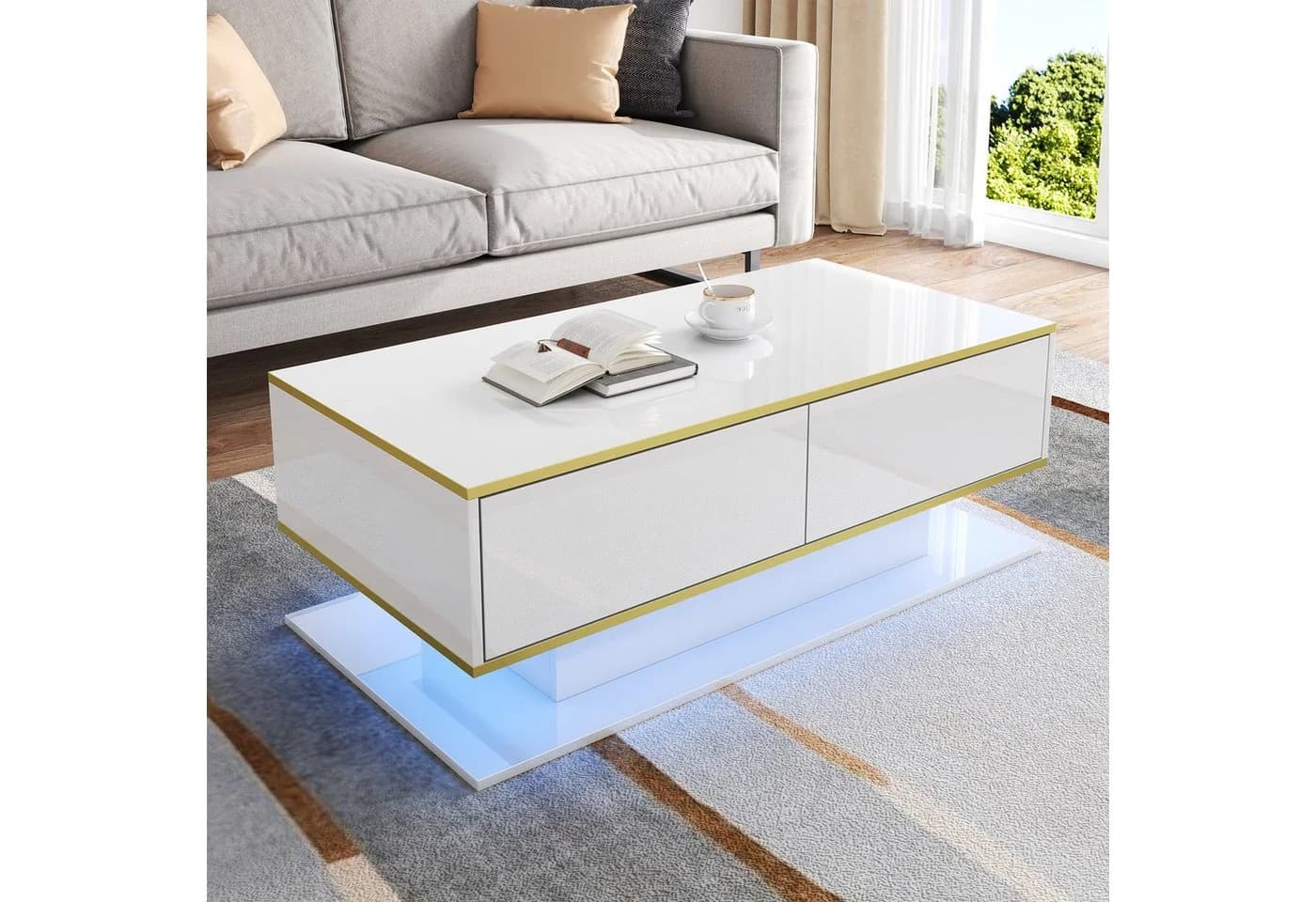 Merax Couchtisch Hochglanz Schwarz/Weiß mit LED & Schubladen