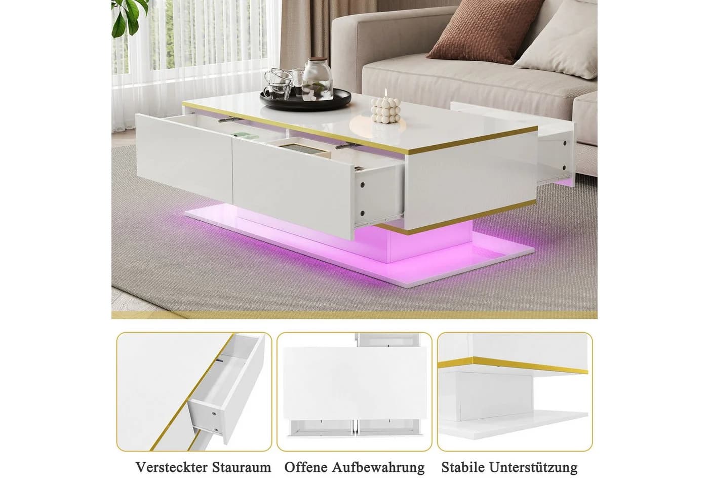 Merax Couchtisch Hochglanz Schwarz/Weiß mit LED & Schubladen - Bild 5