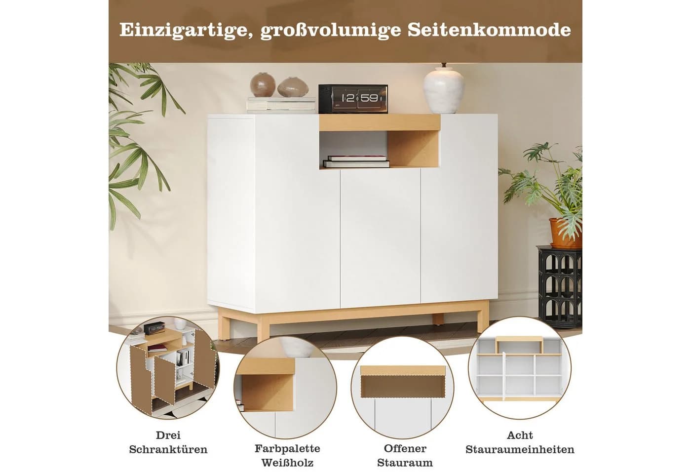 Merax Sideboard Holzoptik Weiß 3 Türen Regal - Bild 4