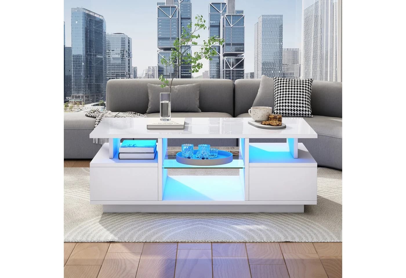 Merax LED-Couchtisch Weiß Hochglanz mit Schubladen & Beleuchtung - Bild 2