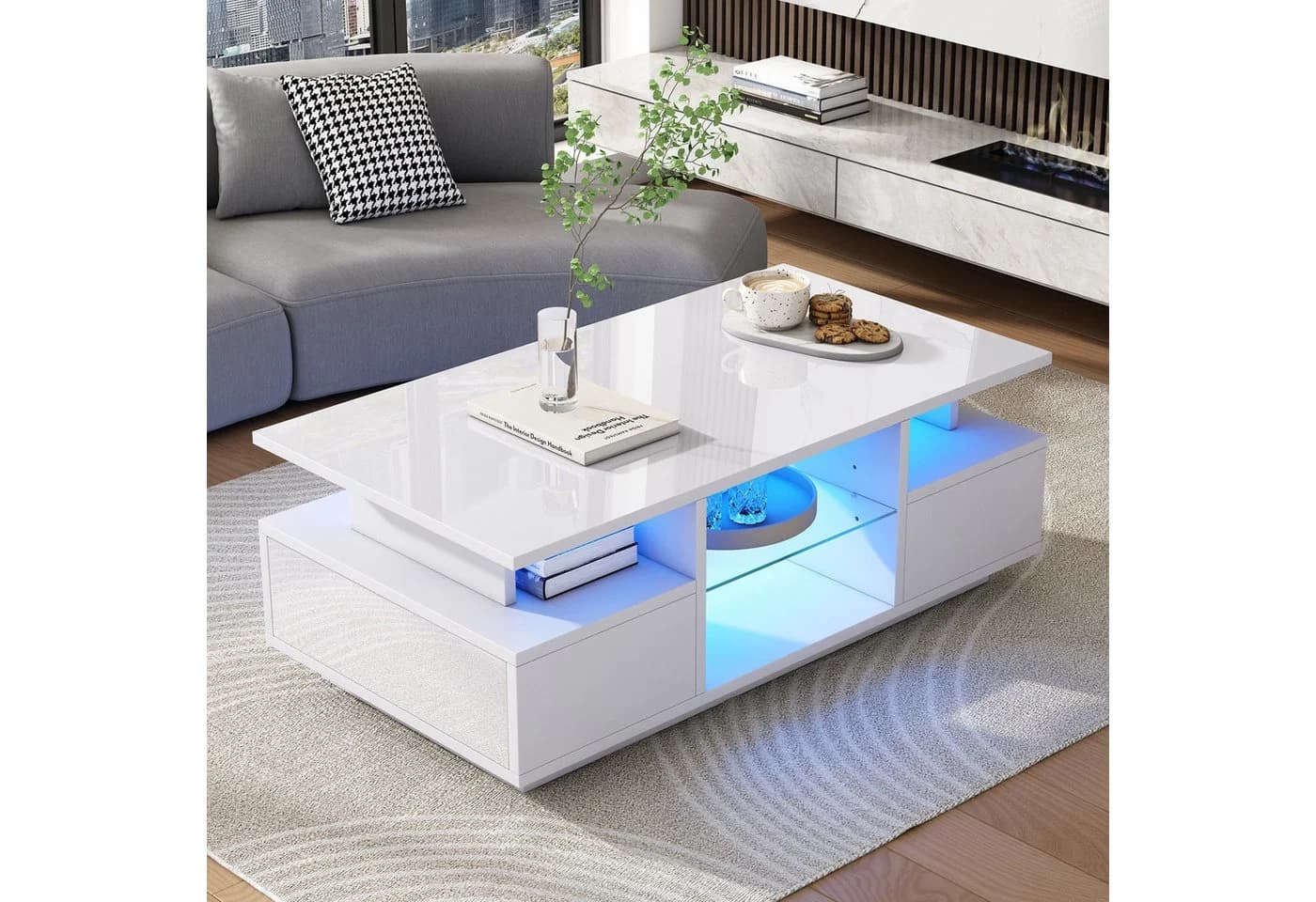 Merax LED-Couchtisch Weiß Hochglanz mit Schubladen & Beleuchtung - Bild 3