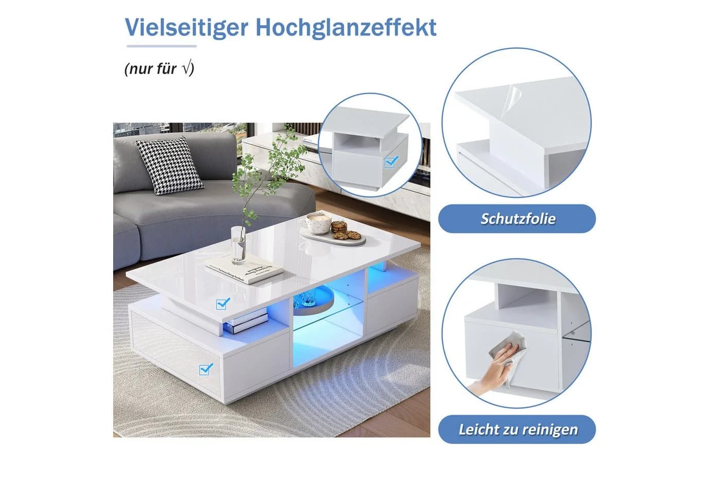 Merax LED-Couchtisch Weiß Hochglanz mit Schubladen & Beleuchtung - Bild 4