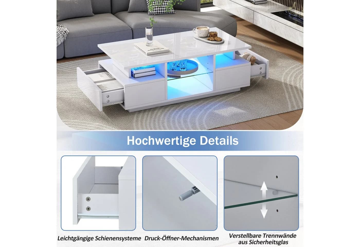 Merax LED-Couchtisch Weiß Hochglanz mit Schubladen & Beleuchtung - Bild 5