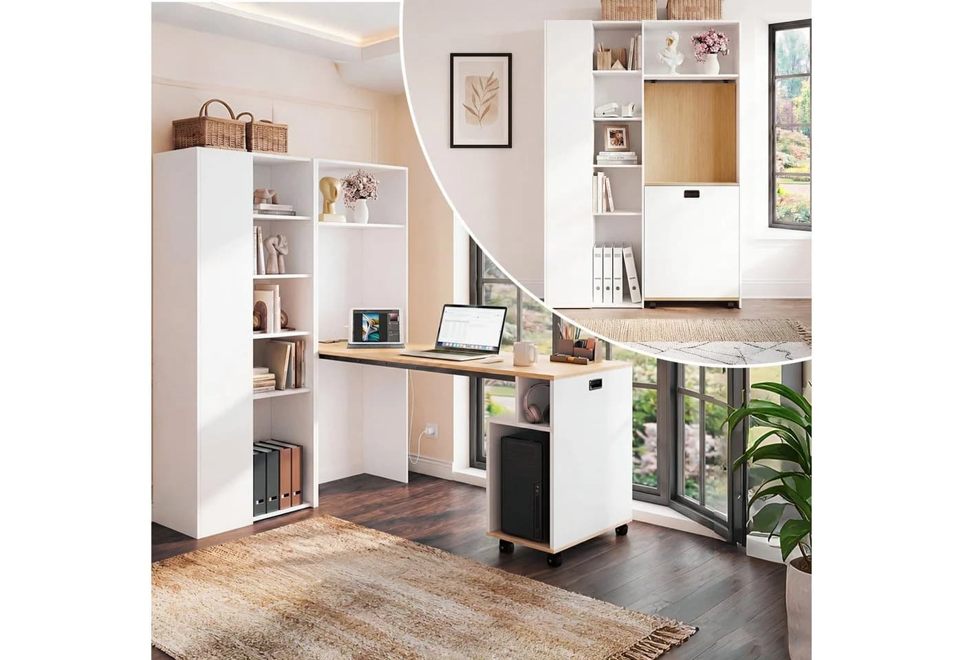 Merax Klappbarer Schreibtisch mit Regal Weiß-Eiche 2-in-1 - Bild 2