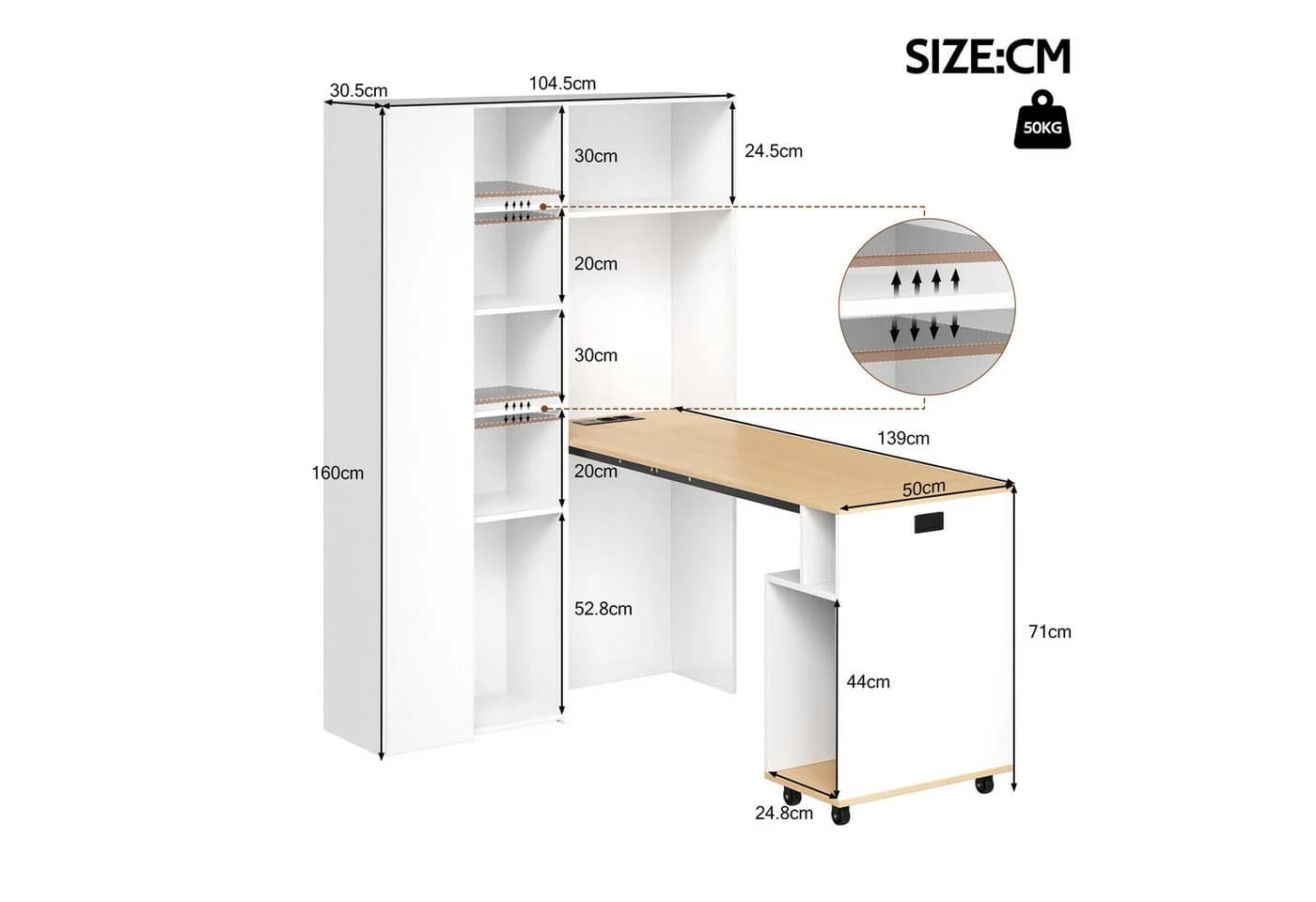 Merax Klappbarer Schreibtisch mit Regal Weiß-Eiche 2-in-1 - Bild 5