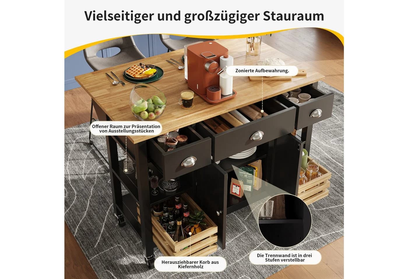 Flieks Küchenwagen mit Kiefernkorb und erweiterbarer Arbeitsplatte - Bild 5