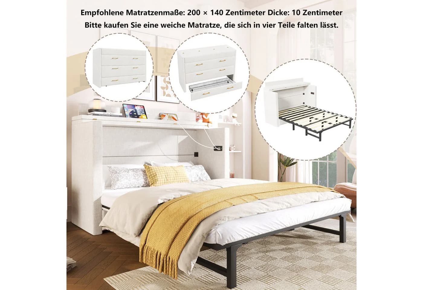 Flieks Schrankbett Umwandelbares Polsterbett Beige mit Schublade - Bild 4