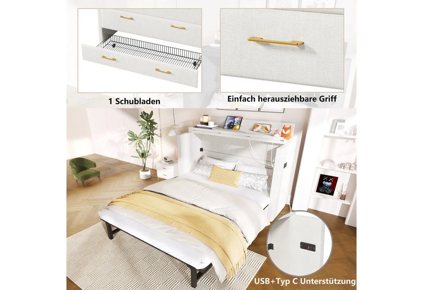 Flieks Schrankbett Umwandelbares Polsterbett Beige mit Schublade - Bild 5