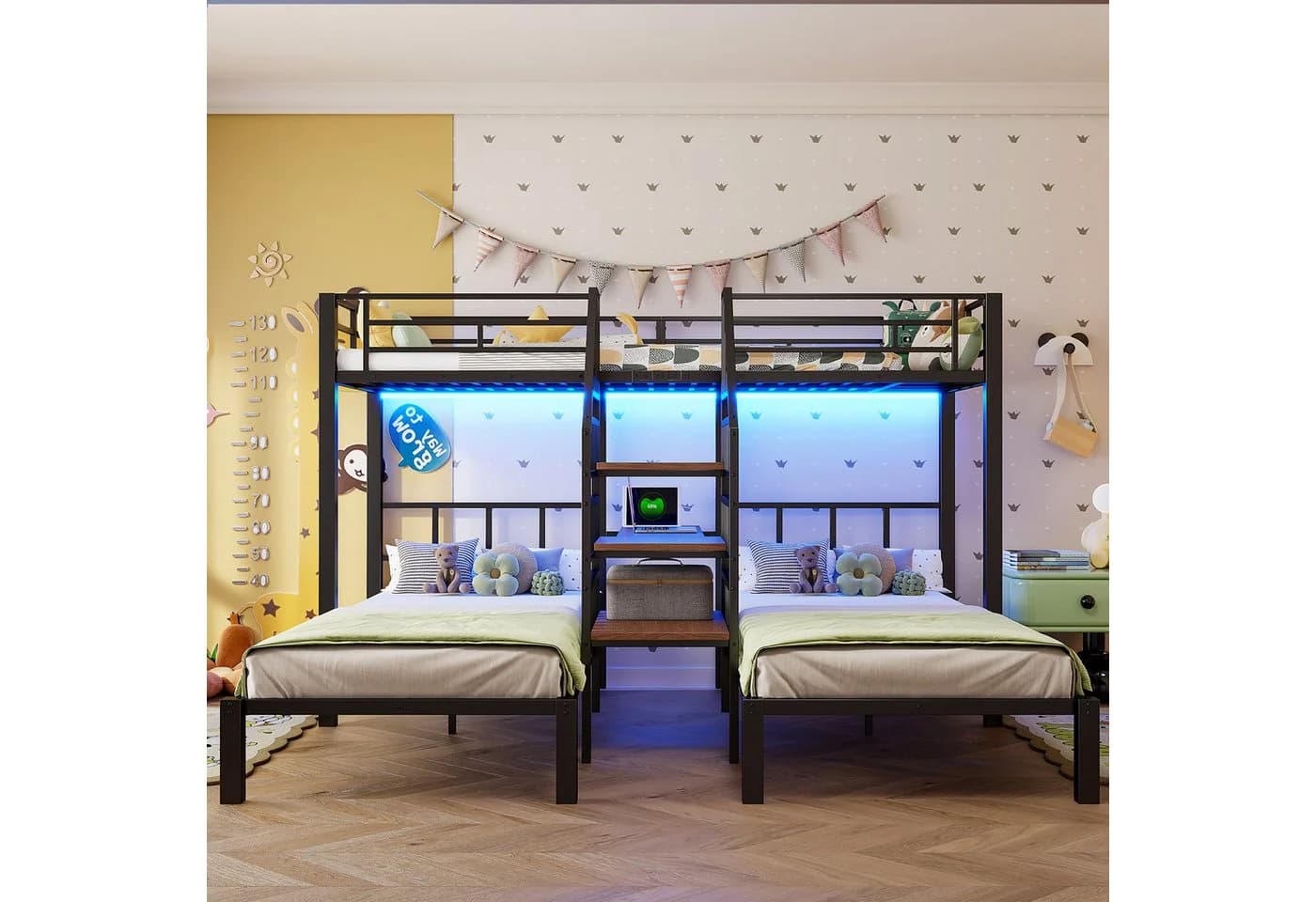 Flieks Etagenbett Dreierbett Metall Schwarz mit Schreibtisch
