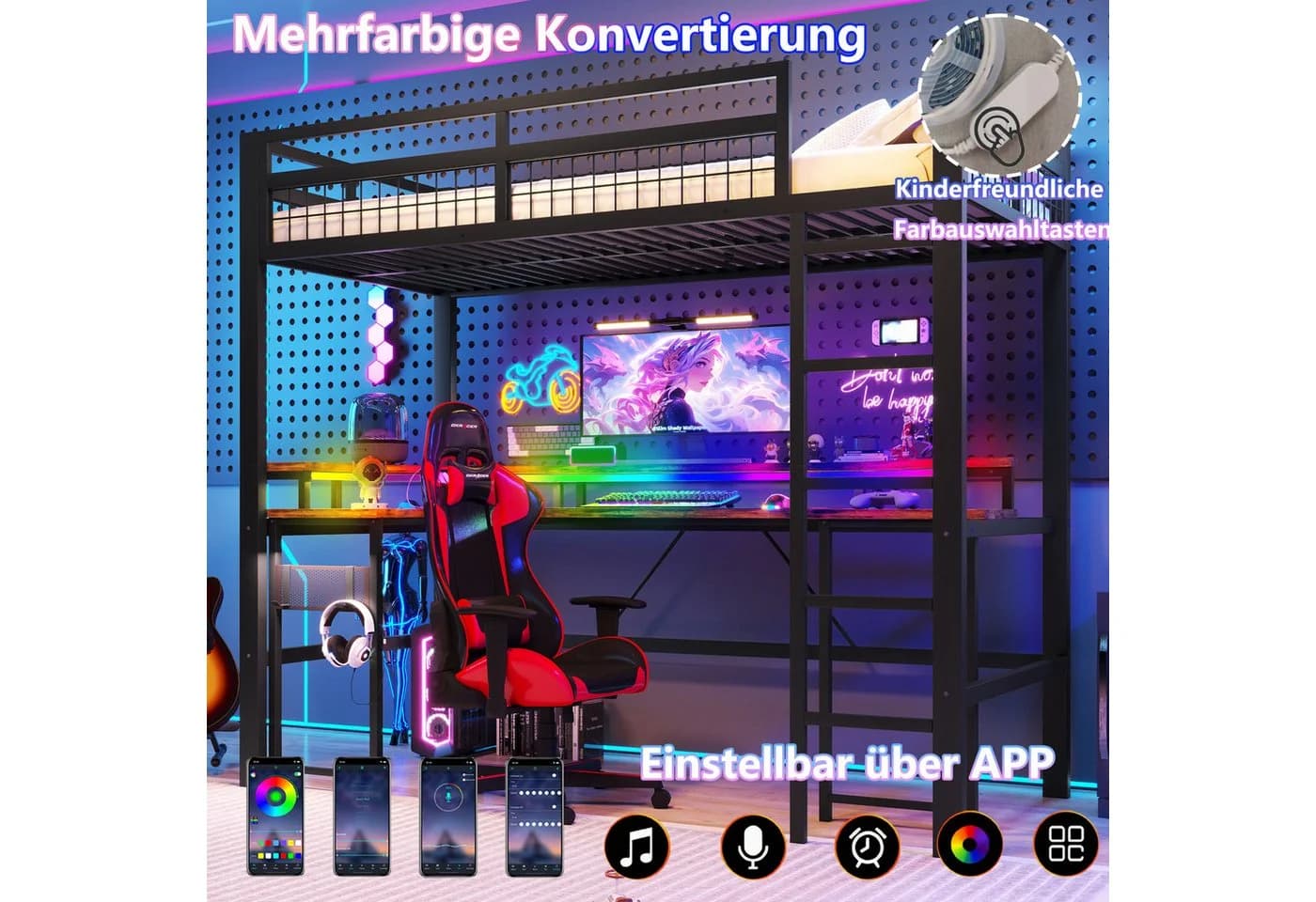 Flieks Hochbett Metall Schwarz mit Schreibtisch und Lichtleiste - Bild 4