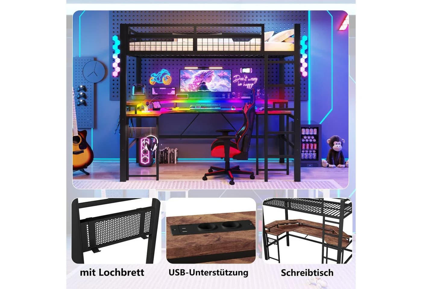 Flieks Hochbett Metall Schwarz mit Schreibtisch und Lichtleiste - Bild 5