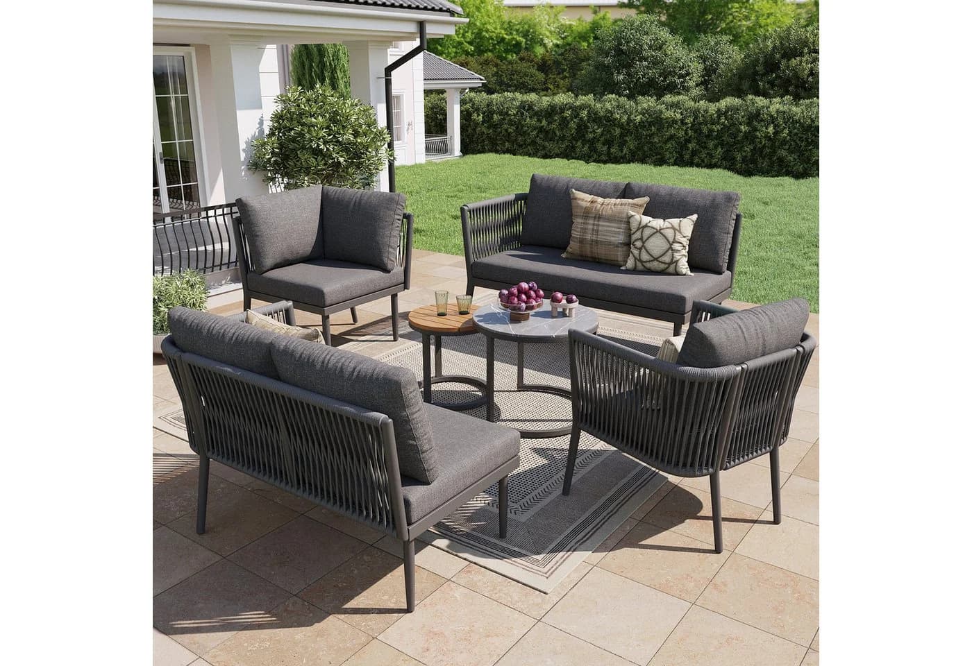 Flieks Gartenlounge-Set 6-Sitzer Gartenmöbel-Set Sitzgruppe mit 2 stapelbaren Couchtischen