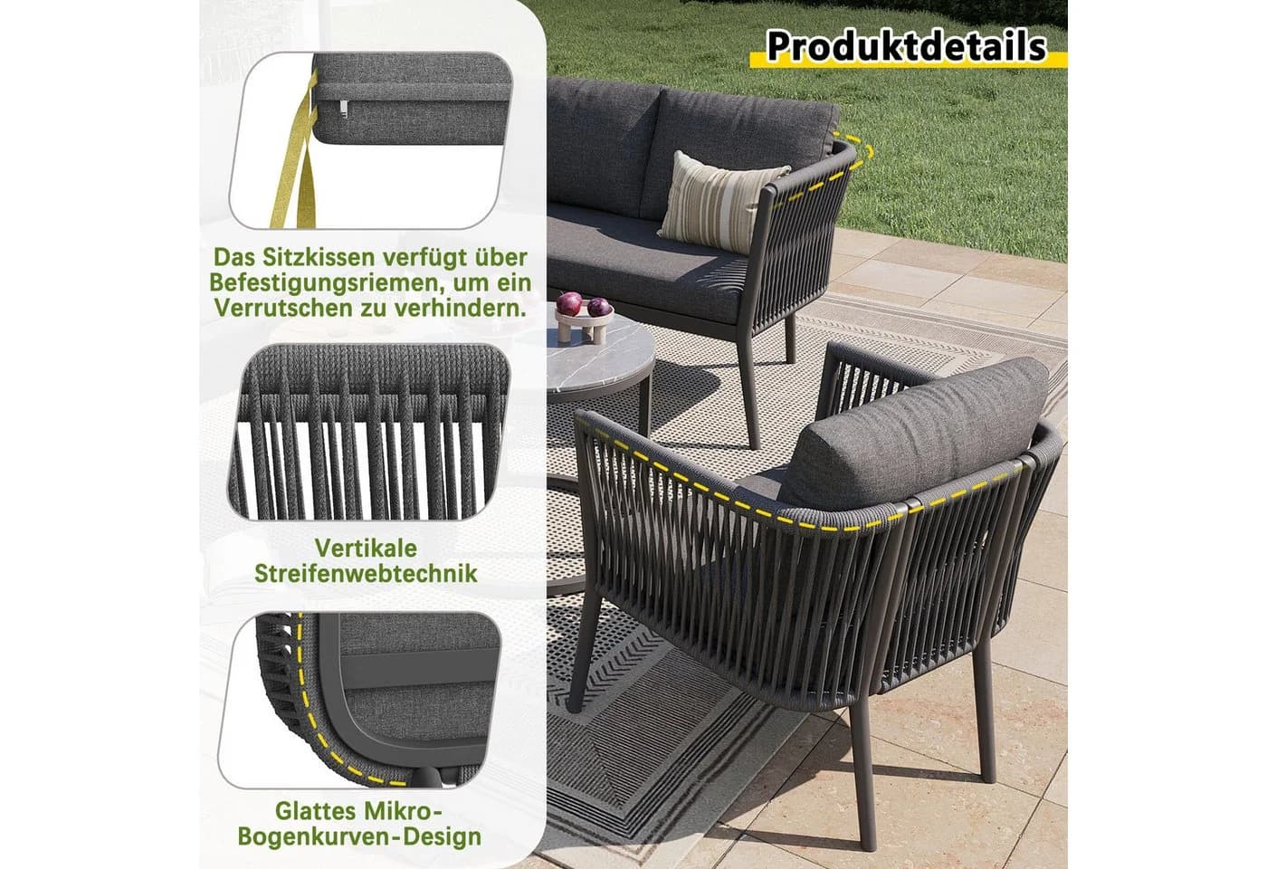 Flieks Gartenlounge-Set 6-Sitzer Gartenmöbel-Set Sitzgruppe mit 2 stapelbaren Couchtischen - Bild 3
