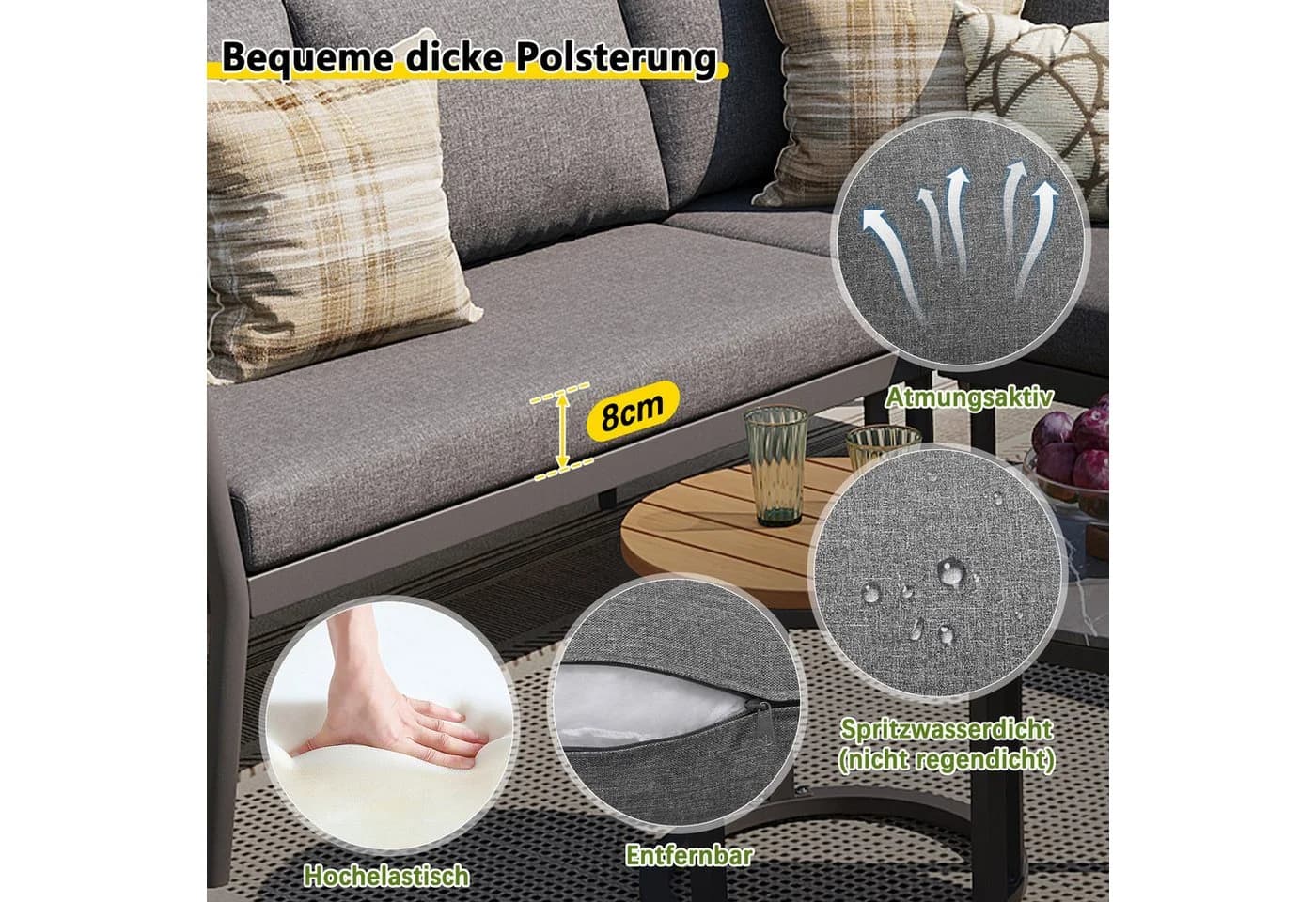 Flieks Gartenlounge-Set 6-Sitzer Gartenmöbel-Set Sitzgruppe mit 2 stapelbaren Couchtischen - Bild 4