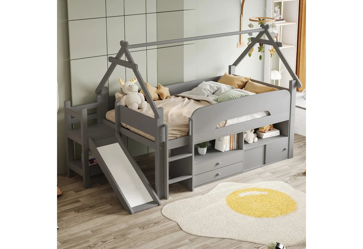 Flieks Kinderbett Hausbett Hochbett Einzelbett 90x200cm mit Rutsche