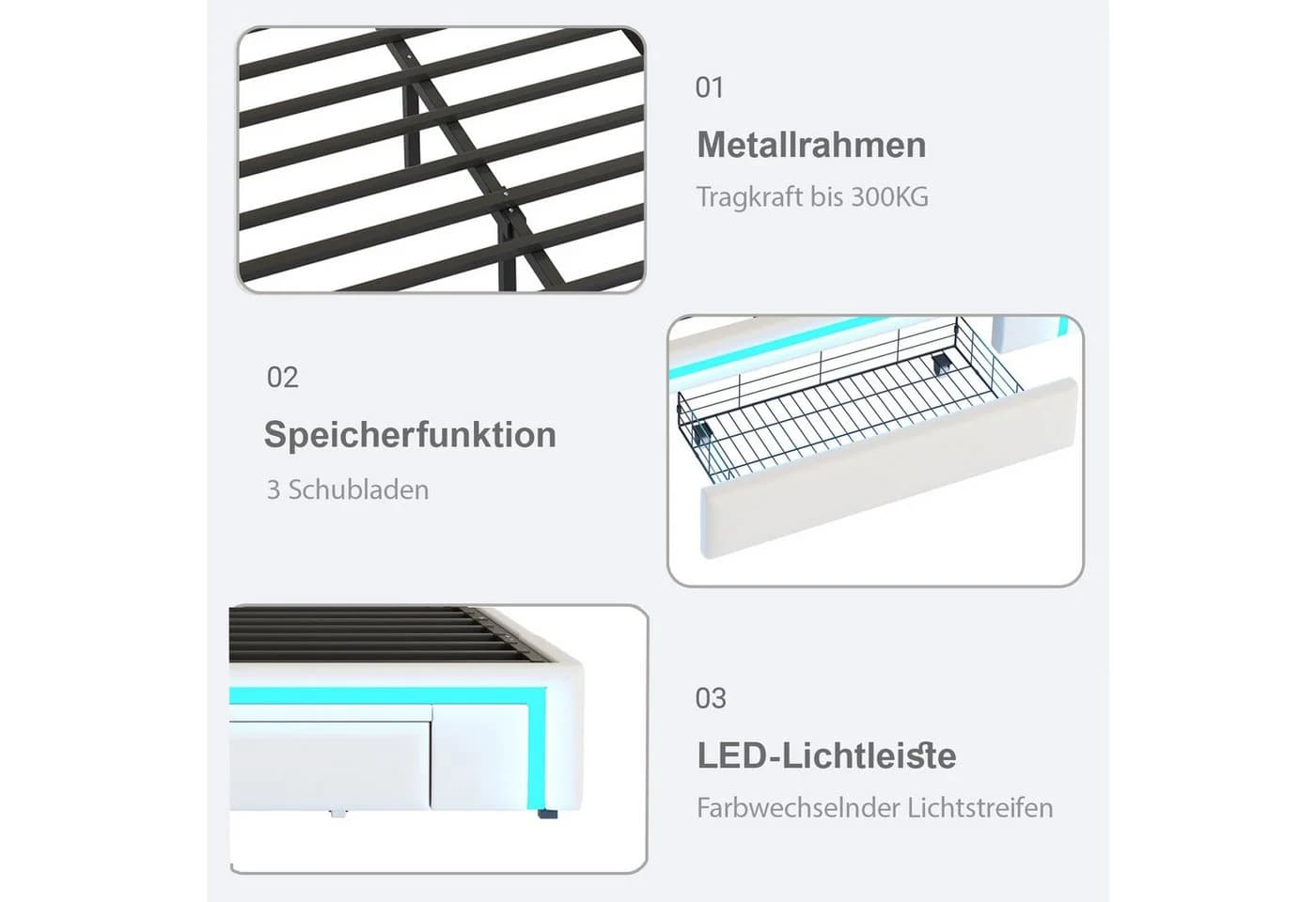 Flieks Polsterbett 90x200 Weiß mit 2 Schubladen - Bild 5