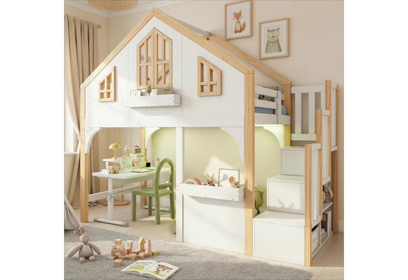 Flieks Etagenbett 90x200cm mit LED-Leiste & Stauraumtreppe